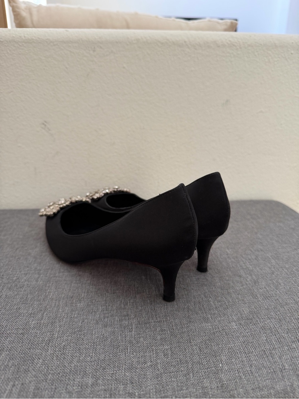 Black Satin Pointed Heels with Crystal Floral Buckle - Picture 2 of 3